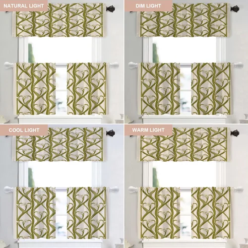 Vista 9 de Shrahala Art Nouveau Floral Pattern Blackout Curtain Tiers, Delicate Vine and Flower Design Kitchen Valance Light Blocking Tier Drapes with Rod