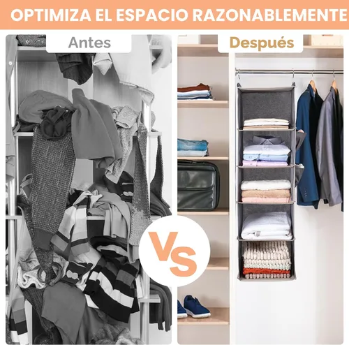 Vista 6 de BOOMIBOO Organizador de armario colgante y estantes, 5 estantes colgantes con 2 bolsillos laterales, almacenamiento plegable (beige)