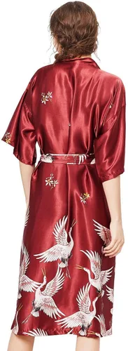 Vista 2 de Miureal Bata tipo kimono para mujer, de satén de seda, suave, ligera, con estampado para dama de honor, spa, casa, WineRed
