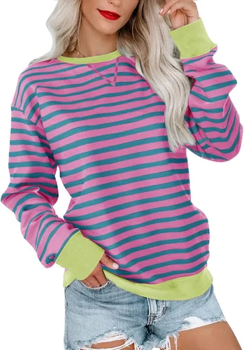 Vista 23 de Bingerlily Sudadera casual de manga larga para mujer, cuello redondo, linda sudadera pullover de ajuste relajado, tops