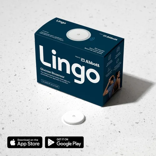 Vista 2 de Lingo Monitor Continuo de Glucosa (CGM) y Aplicación. Fabricado por Abbott. Conozca el impacto de lo que come. 1 biosensor Lingo dura hasta 14