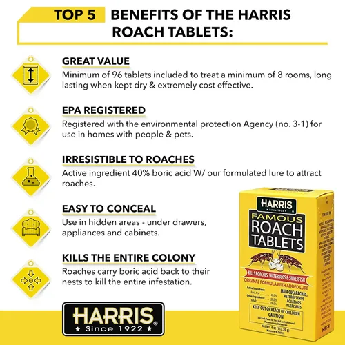 Vista 3 de Tabletas para cucarachas Harris, polvo mata cucarachas de ácido bórico con señuelo para insectos (4 oz, 96 tabletas)