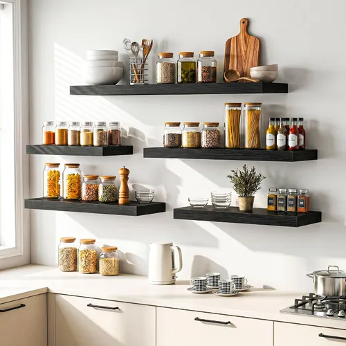 Vista 6 de Heimlove Juego de 2 estantes flotantes de 16 pulgadas para pared, estante negro para baño pequeño, dormitorio, sala de estar, cocina, decoración