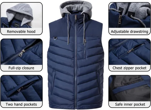 Vista 2 de Vcansion Chaleco de invierno acolchado para hombre con capucha extraíble sin mangas, chaleco acolchado