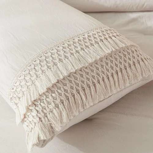 Vista 2 de Juego de 2 fundas de almohada con borlas, color gris crema, 100% microfibra lavada, funda de almohada con borlas hechas a mano beige, paquete de 2