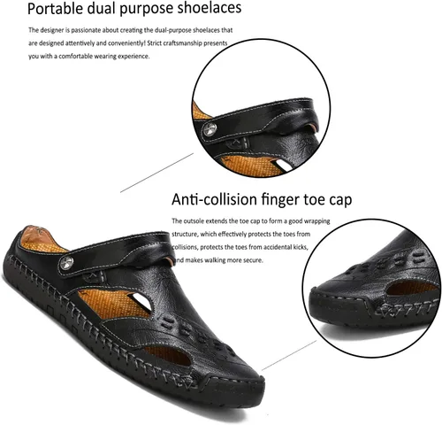 Vista 3 de MIXSNOW Sandalias de cuero para hombre, zapatos de agua casuales de verano, para caminar, al aire libre, playa, viajes, pantuflas (negro 42), Negro