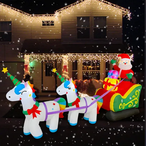 Vista 2 de SEASONBLOW Papá Noel inflable de Navidad de 9 pies en trineo con 2 decoraciones de unicornio con luz LED para patio, césped, jardín, hogar, fiesta