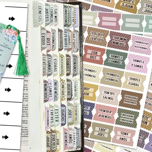 Vista 13 de Pestañas de índice de la Biblia católica española, pestañas del Nuevo y Antiguo Testamento, diseño floral laminado mate, suministros de diario