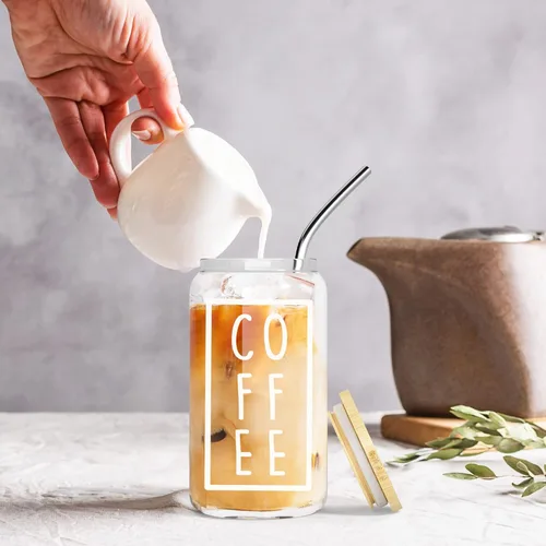 Vista 3 de Vaso de café helado con tapa de bambú y pajita, de 16 onzas, estilo tarro Mason para café helado, boba y batidos