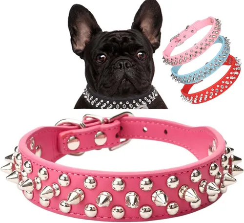 Vista 26 de Serijoars Collar para perro con tachuelas, de piel sintética suave con clavos de hongos, ajustable, para cachorros (XS, Negro)