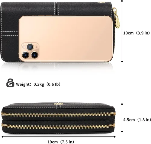 Vista 7 de Cartera de cuero real para mujer con adorno de camelia, bloqueo RFID, bolsillo para monedas, Negro, L, Clásico
