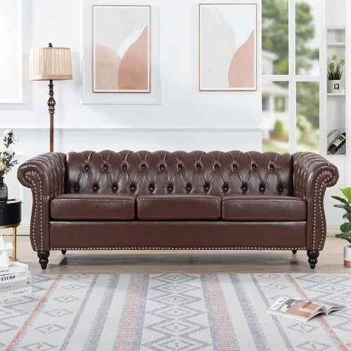 Vista 9 de Sofá Chesterfield moderno de tres plazas, sofá de piel sintética con brazos enrollados, cómodos sofás para sala de estar, oficina, sala de recepción