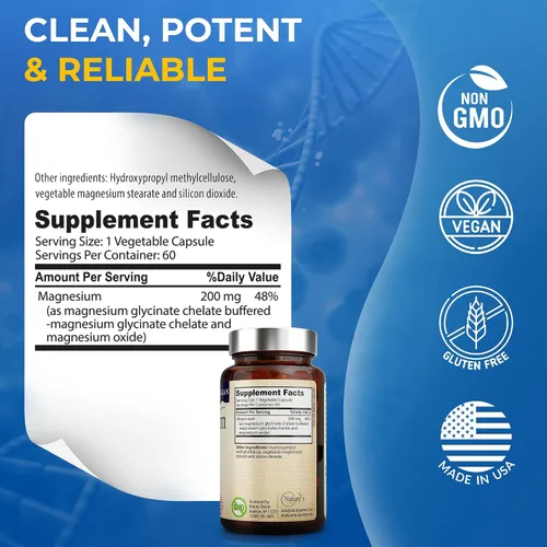 Vista 5 de Nature's Potent Glicinato de magnesio 200 mg Magnesio quelado de alta absorción Apoyo para dormir, calma y calambres musculares Suplemento