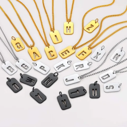 Vista 2 de Richsteel - Collares con iniciales para hombre, etiqueta de perro con letra para mujer, colgante de etiqueta militar con cadena Spiga