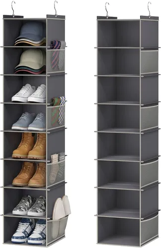 Vista 10 de YOUDENOVA Organizador de zapatos colgante extra ancho mejorado para armario, organizador de almacenamiento de 8 estantes con 8 bolsillos laterales