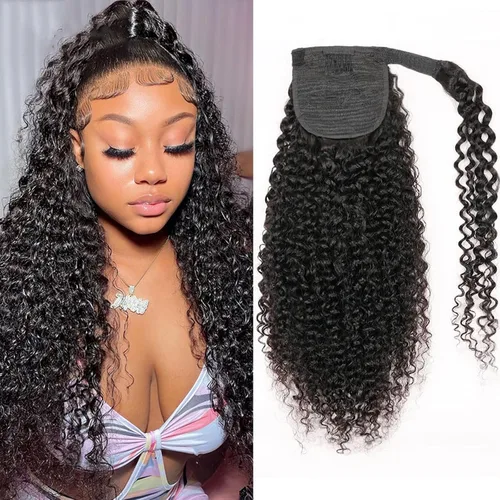 Vista 10 de Cabello humano rizado, brasileño 100% virgen, sin procesar, mechones con broche frontal, extensiones de pelo/extensión de cola de caballo, paquete