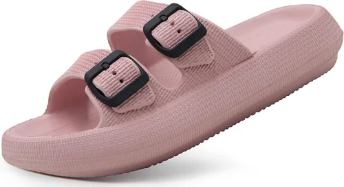 Vista 12 de Weweya Sandalias para mujer y hombre - Pantuflas acolchadas - Sandalias ajustables con doble hebilla - Sandalias planas de EVA