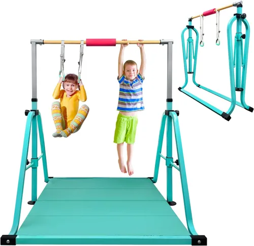 Vista 16 de GLANT Barra de gimnasia para niños con juego de anillos, 7 alturas ajustables, fácil de plegar, barra de entrenamiento de gimnasia para niños