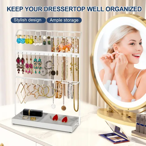 Vista 3 de LKKL Organizador de joyas con bandeja de resina, soporte para collar y organizador de aretes, soporte de joyería para aretes, collares, pulseras