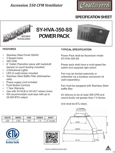 Vista 4 de Castlewood Kit de soplador/revestimiento en T 350CFM para campanas extractoras de 30 pulgadas - Montaje debajo del gabinete - Acero inoxidable