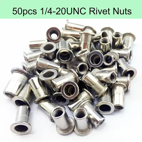 Vista 2 de Tuerca de remache, 50 piezas 1/4-20UNC de acero inoxidable de cabeza plana remache roscada, cuerpo moleteado para decoración de muebles