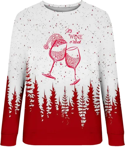 Vista 2 de Sudadera de manga larga con cuello redondo para mujer, diseño con texto en inglés "Merry Christmas It's Wine O'clock