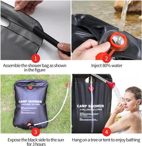 Vista 11 de DkOvn Bolsa de ducha solar, 5 galones/20L, bolsa de ducha para camping portátil con manguera extraíble y cabezal de ducha con interruptor