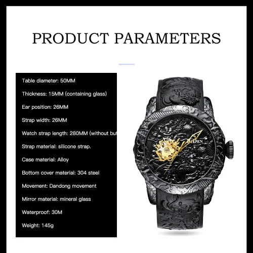 Vista 4 de Reloj automático para hombre, a la moda, grabado en 3D, impermeable, esfera grande, reloj deportivo, 50 mm