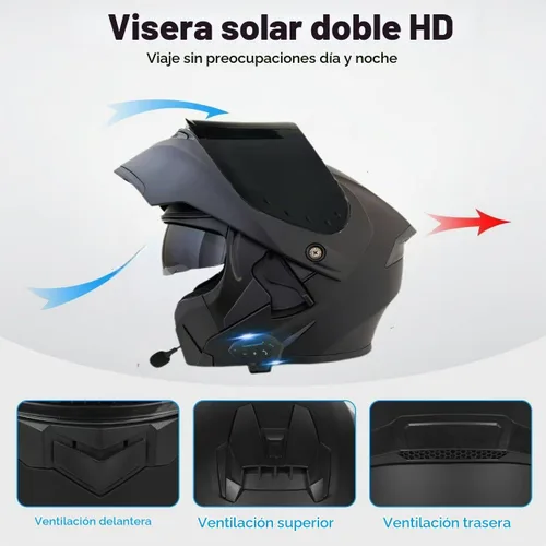 Vista 5 de Casco modular Bluetooth para motocicleta, aprobado por DOT, de cara completa con visor abatible, de doble visera, con altavoces duales y micrófono
