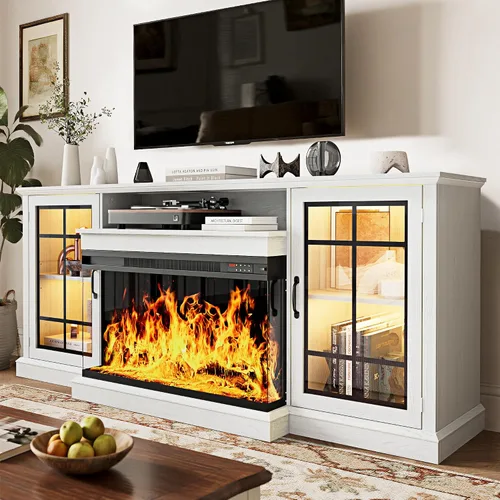 Vista 13 de MXV - Soporte de chimenea para TV de 59 pulgadas, centro de entretenimiento estilo granja con soporte de TV de 3 lados de vidrio, consola multimedia