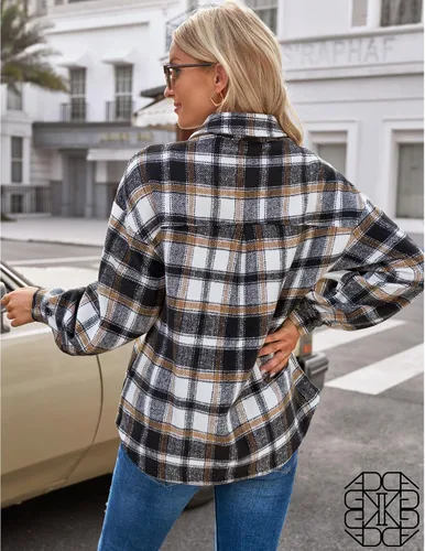 Vista 2 de GRAPENT Chaqueta de franela a cuadros de gran tamaño con botones para mujer, abrigos de manga larga