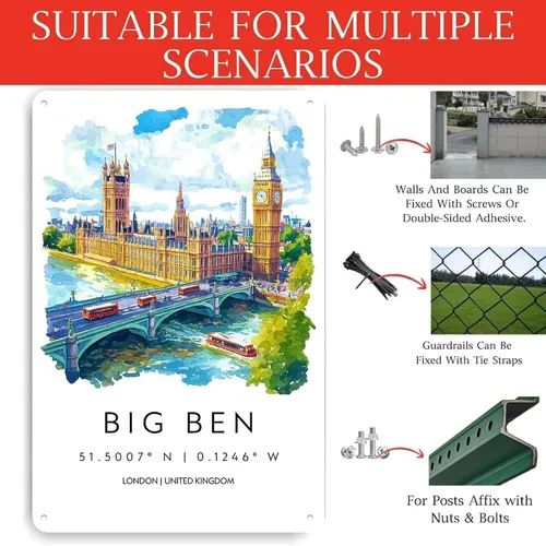Vista 3 de Póster de acuarela de Big Ben, decoración de pared, paisaje retro, cartel de metal para garaje, hombre, cueva, baño, dormitorio, granja, inspirador