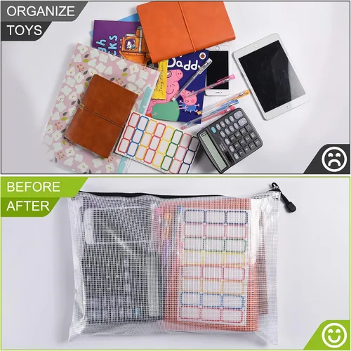 Vista 4 de Bolsa de malla con cremallera, 6 bolsas de malla de plástico impermeable con cremallera, bolsa de documentos tamaño A3, bolsas de archivos