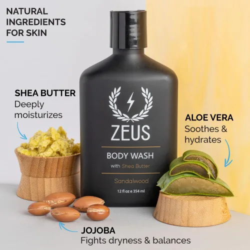 Vista 2 de ZEUS Gel de baño hidratante para hombre con aceite de sándalo, aloe y manteca de karité Premium Nourishing Body Cleanser with Essential Oils for a