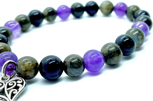 Vista 4 de DCE - Pulseras de triple piedra de protección óptima. Pulsera elástica de cristal curativo con cuentas de turmalina negra con dije de corazón por