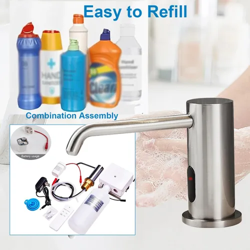 Vista 5 de Dispensador de jabón automático sin contacto para fregadero de cocina y baño, dispensador de jabón eléctrico comercial líquido de níquel cepillado