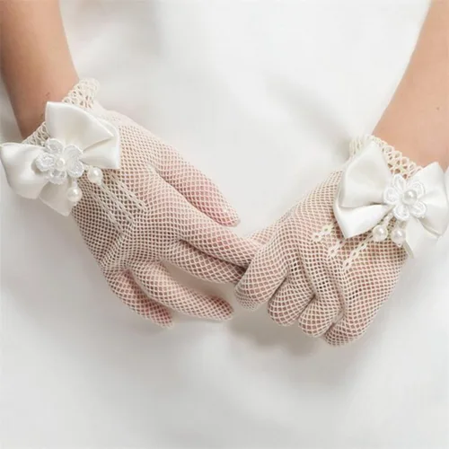 Vista 2 de DreamHigh Manoplas de boda para niñas con diseño de perlas, corbatín de pez, color blanco, Blanco
