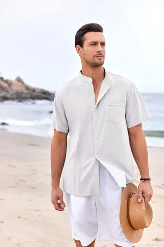 Vista 3 de Ryannology Guayabera - Camisas de lino de manga corta con botones para hombre, estilo casual, playa, campamento cubano, camisa mexicana para hombre