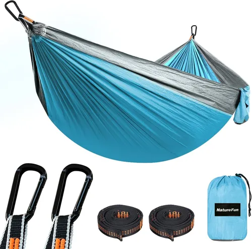 Vista 13 de NATUREFUN Hamaca ultraligera para viajes y camping Capacidad de carga de 300 kg, transpirable, de secado rápido Incluye 2 mosquetones premium, 2