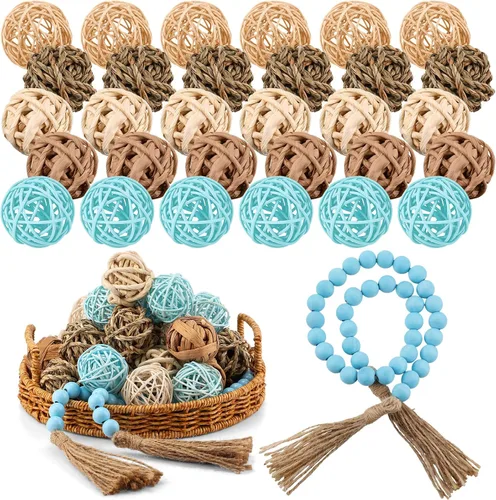 Vista 8 de Halloscume 31 piezas de bolas decorativas de mimbre y ratán con guirnalda de cuentas de madera de 30.3 pulgadas, centros de mesa, cuencos, orbes