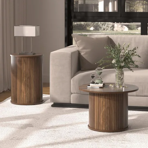 Vista 4 de Juego de 2 mesas auxiliares redondas anidables para sala de estar, círculo acanalado de madera de nogal y juegos de mesa auxiliar para apartamentos