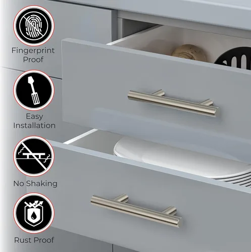 Vista 4 de Manijas de gabinete de níquel cepillado – 5 pulgadas de largo, 3 pulgadas entre centros de agujeros – Tiradores modernos para armarios de cocina