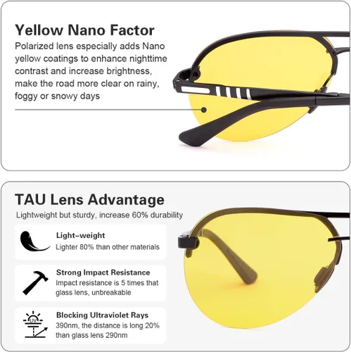 Vista 8 de Gafas de conducción de visión nocturna para hombres y mujeres, antirreflejos, lentes polarizadas amarillas, montura de metal piloto