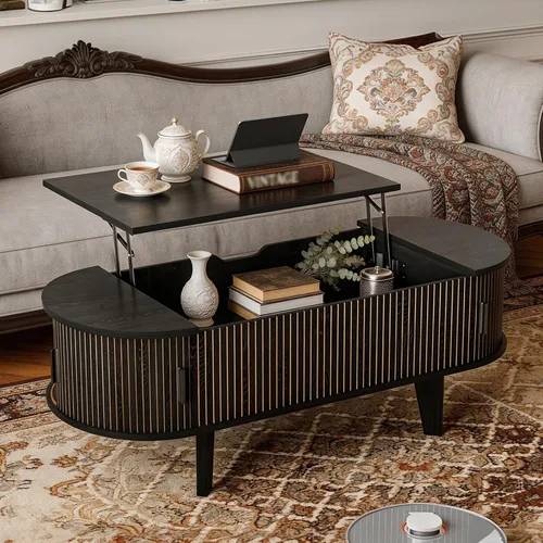 Vista 11 de 47" Oval Lift Top Coffee Table with Storage for Living Room, Black Black-oval (Flip Top)