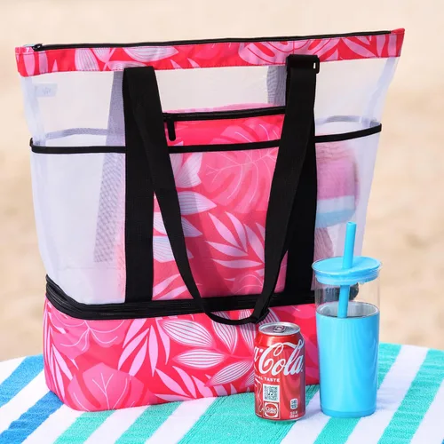 Vista 12 de L'OLGA Bolsa grande de malla con enfriador aislado desmontable, bolsa de fin de semana de playa