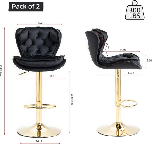 Vista 3 de Taburete de bar moderno giratorio de altura de pub, silla de comedor alta con asiento de terciopelo, respaldo, taburete hidráulico sin brazos, Negro