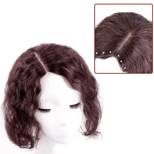 Vista 4 de Peluca de cabello humano rizado natural para mujer, con clip, 5.1 x 5.5 in, parte superior plateada, parte derecha para cubrir la pérdida de Marrón
