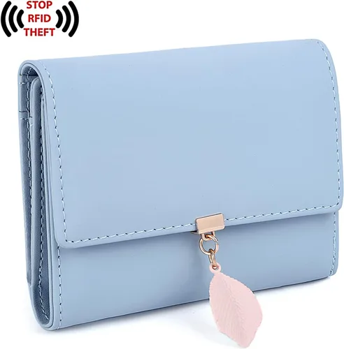 Vista 137 de UTO - Cartera pequeña RFID de piel sintética con dije de hoja, cierre de cremallera y tarjetero.