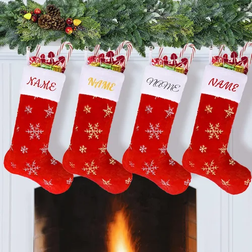 Vista 13 de Calcetines negros de piel sintética de Navidad, 1 paquete grande de 22 pulgadas, medias colgantes de felpa negra con nombre personalizado con copos