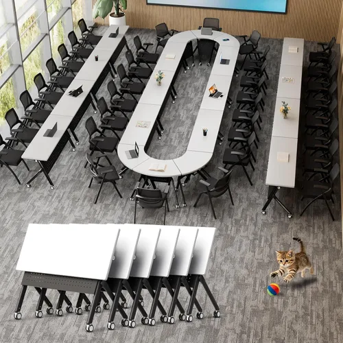 Vista 12 de Mesas de sala de conferencias blancas, mesa de conferencias rectangular plegable con ruedas para reuniones grandes, seminario en casa, oficina Gris